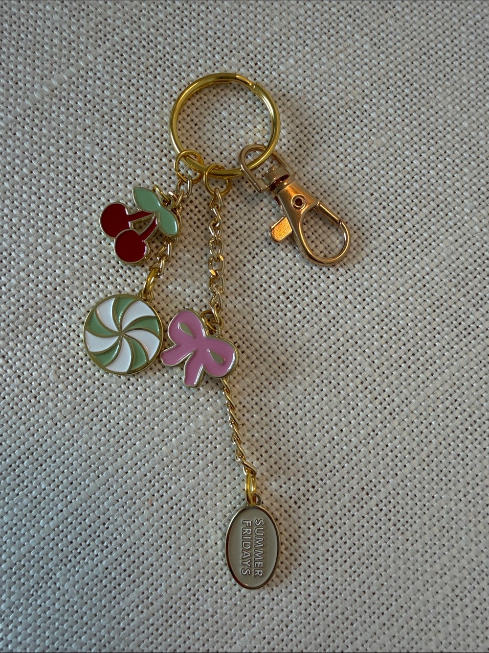 Summer Fridays Gold Keyring with Pink Bow, Red Cherries & Mint Swirl Charms - Picture 1 of 3